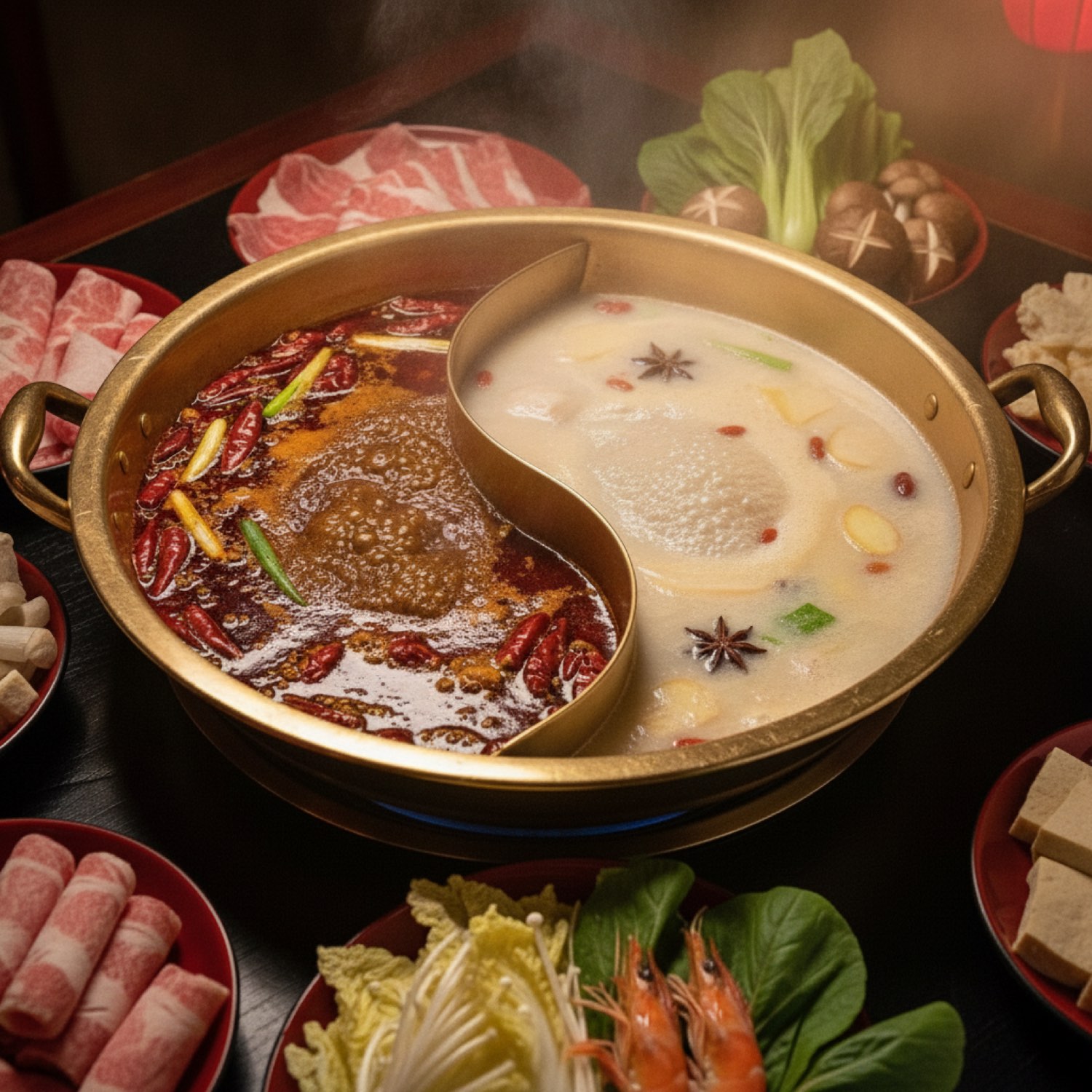 鴛鴦火鍋 — 麻辣と白湯のスープ / bubbling yuanyang twin-broth hot pot
